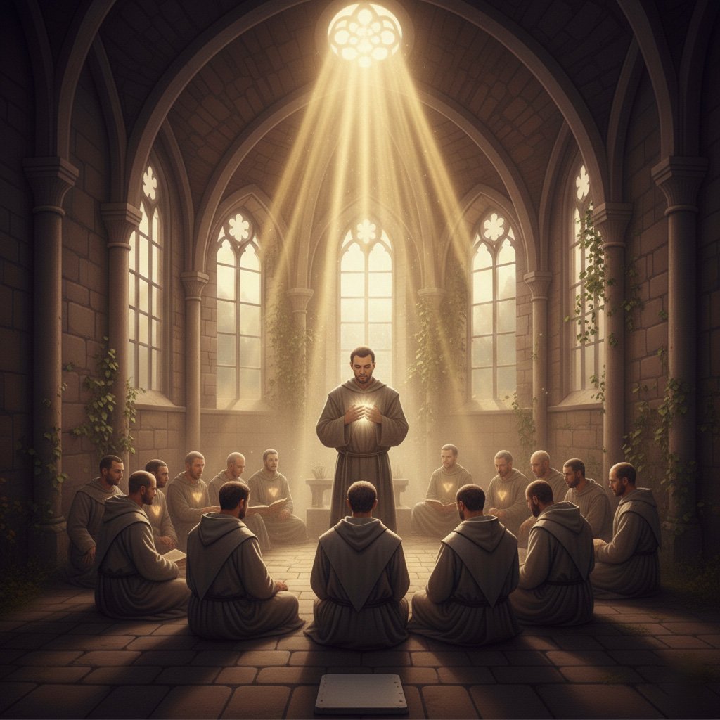 Members of the Missionaries of Peace at prayer in a chapel, hearts aglow with the light of God's love