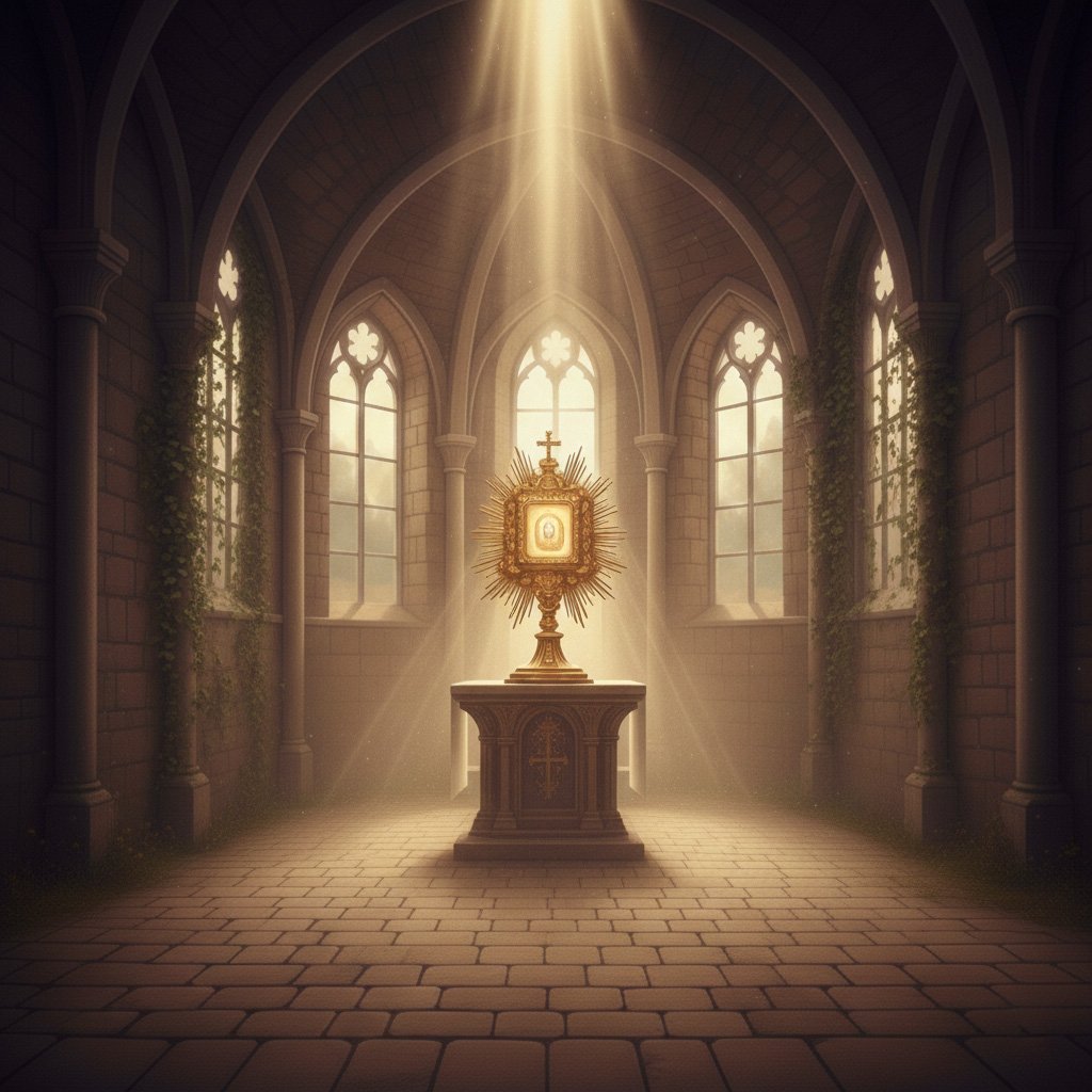 The Blessed Sacrament exposed in a golden monstrance on an altar, bathed in light in a chapel
