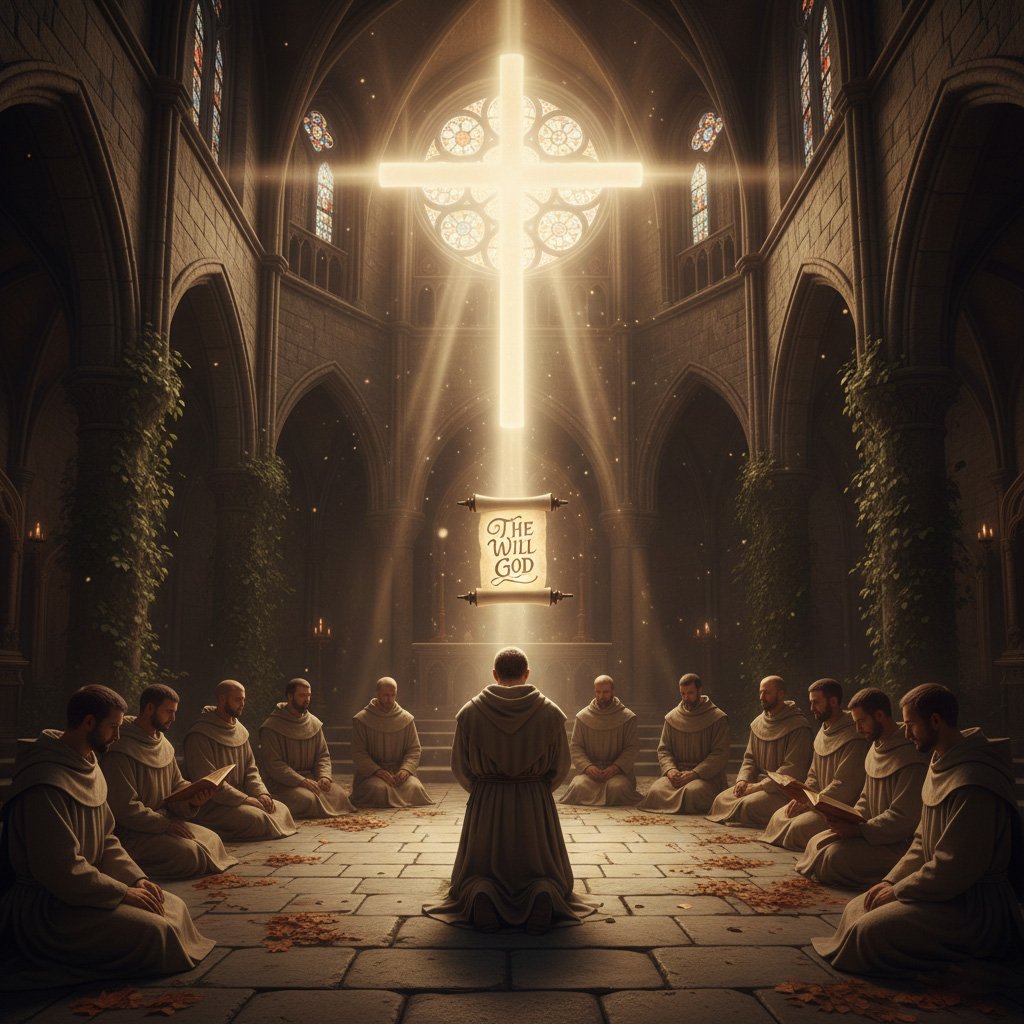 Missionaries of Peace kneeling before a radiant cross and a scroll reading 'the will of God' in a chapel