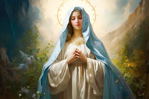 The Blessed Virgin Mary in prayer, veiled in blue with a radiant halo, amid a hillside of flowers
